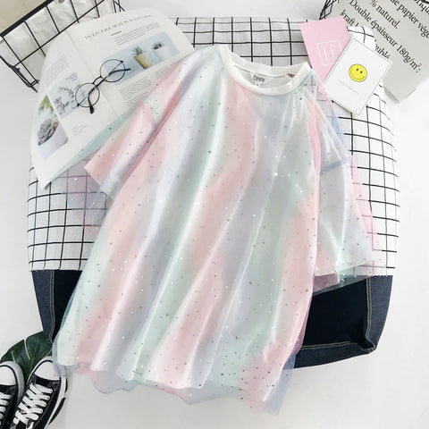 Casual O-Neck Sequins Gradient Color Shirt