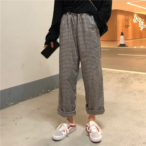 Casual Loose Black Plaid Wide Leg Pants