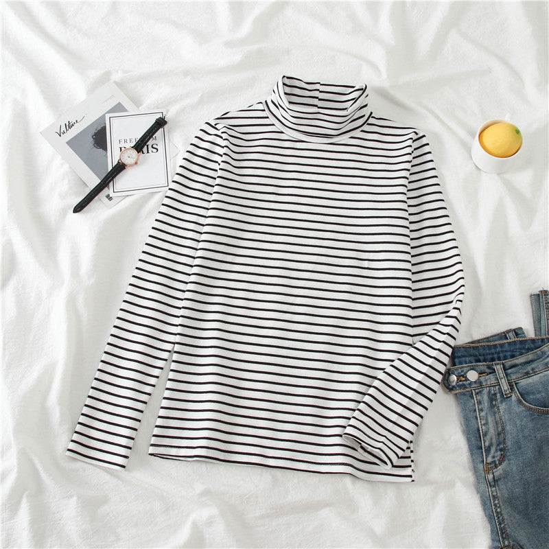 High Neck Long Sleeve Striped Slim Shirt