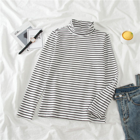High Neck Long Sleeve Striped Slim Shirt