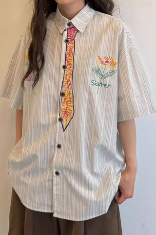 Short Sleeve Cute Tie Hand Painted Striped Blouse Shirts