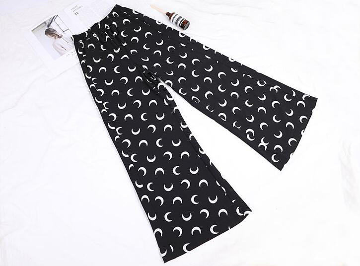 Pantalones casuales de pierna ancha con estampado de luna y cintura alta