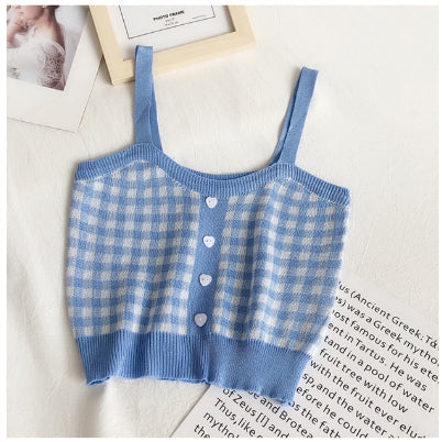 Süßes, kariertes, schmales, gestricktes, kurzes Tanktop 