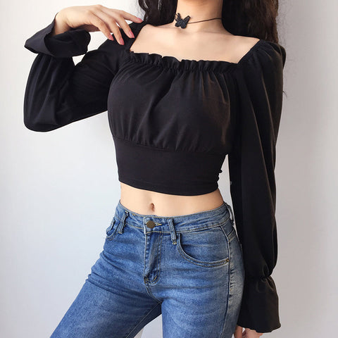Belted Back Hollow Out Long Sleeve Square Collar Crop Tops