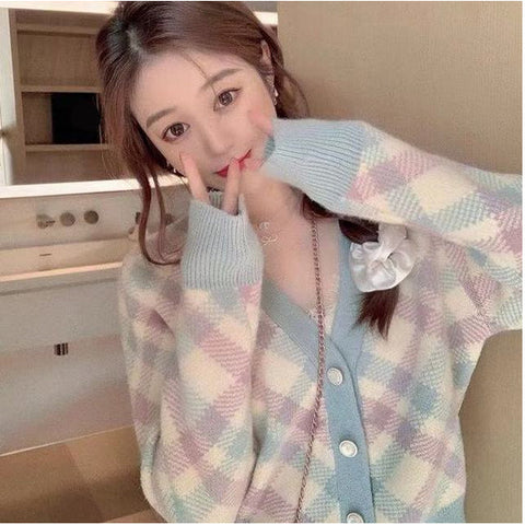 Long Sleeve Cute Argyle Pattern Knitted Cardigan Sweater