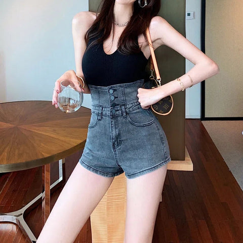 High Waist Extend Button Skinny Denim Shorts Jeans