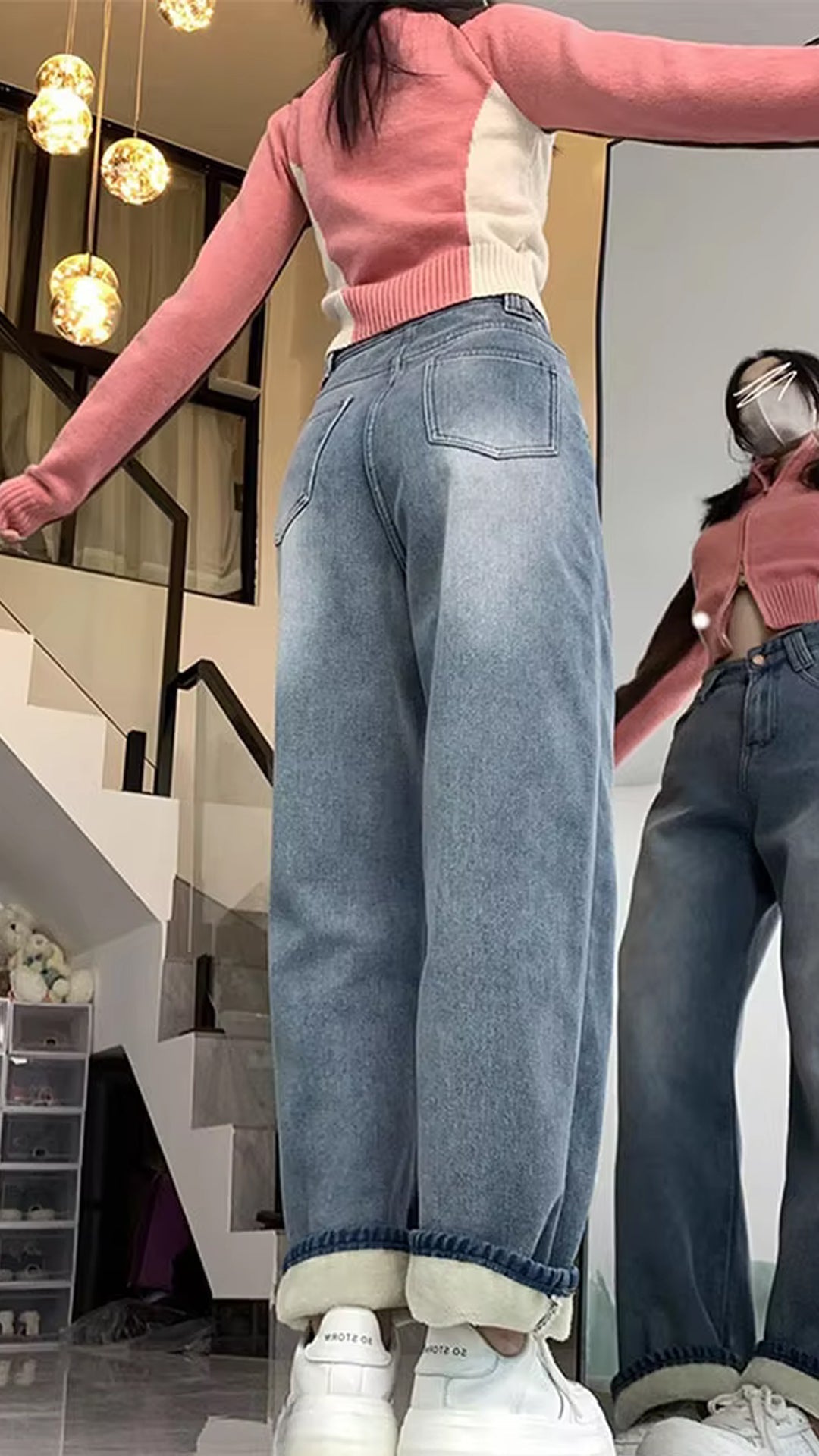 High Waist Fleece Stitched Jeans Pants