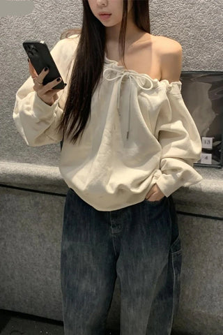 Retro Skew Collar Drawstring Casual Sweatshirt