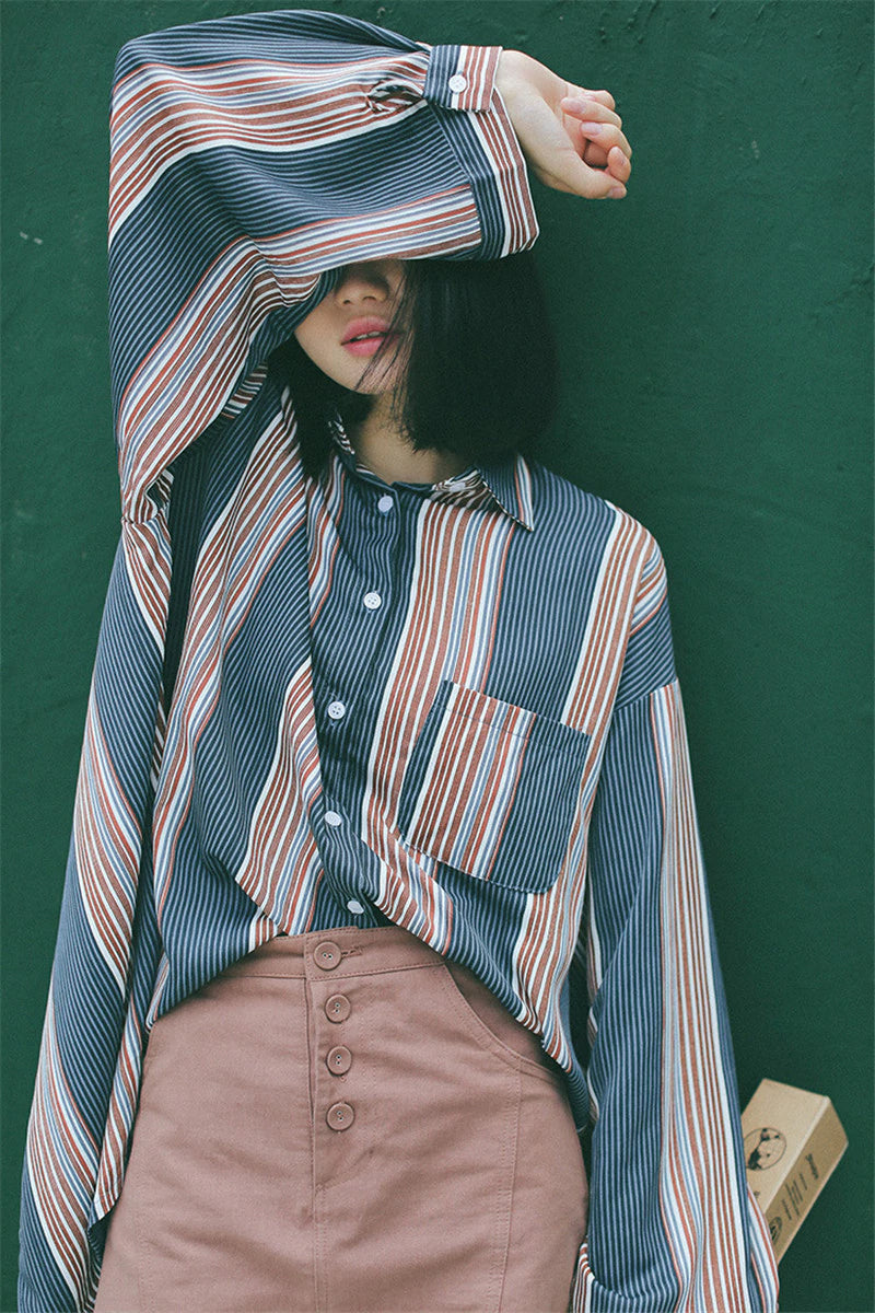 Striped Patchwork Loose Long Sleeve Shirt