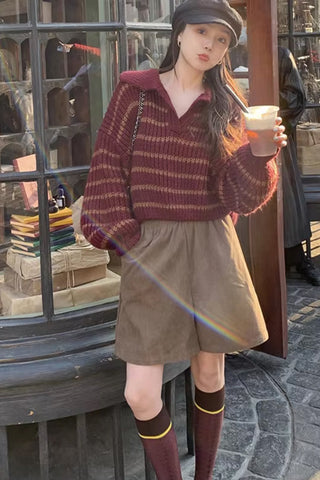 Long Sleeve Turn Down Collar Striped Cropped Sweater