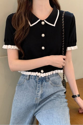Short Sleeve Turn Down Collar Ruffle Slim Shirts