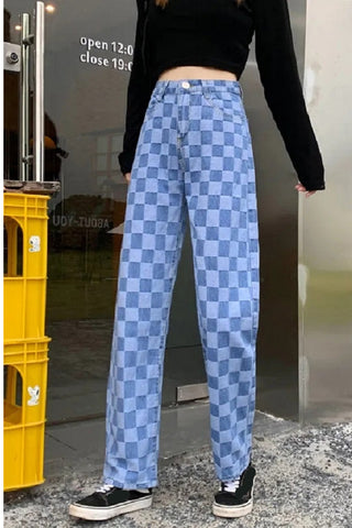 High Waist Plaid Checkerboard Denim Pants