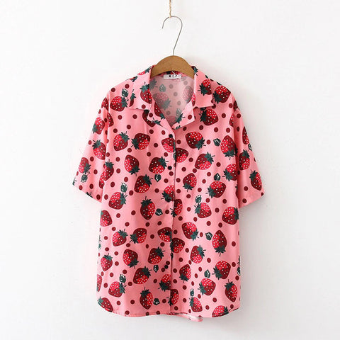 Strawberry Printed Short Sleeve Blouse Shirt