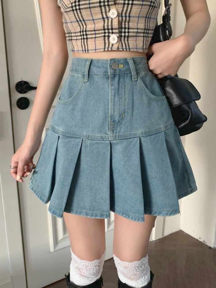 Casual Pleated Denim Mini Skirt