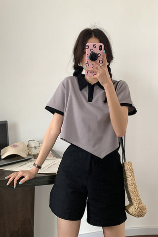 Short Sleeve Asymmetric Turn Down Collar Shirt