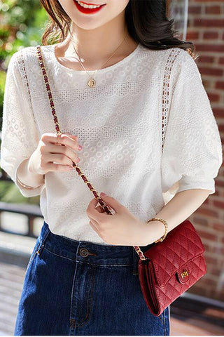 Lace Embroidery Lantern Sleeve Loose Shirt