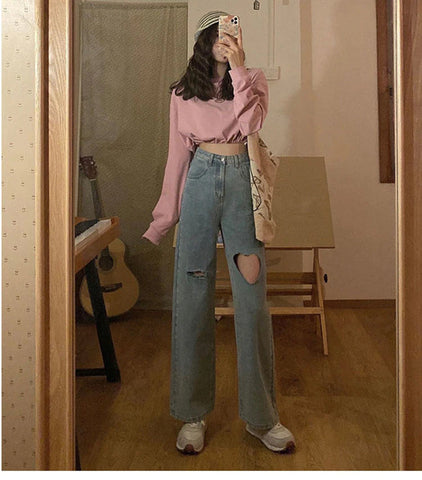 High Waist Heart Shape Loose Long Jeans Pants