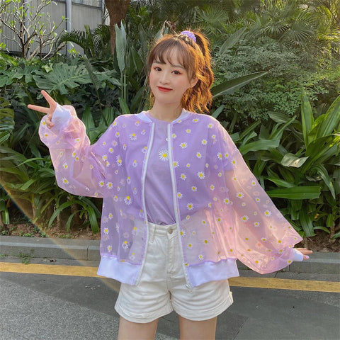 Daisy Flower Thin Transparent Casual Jacket