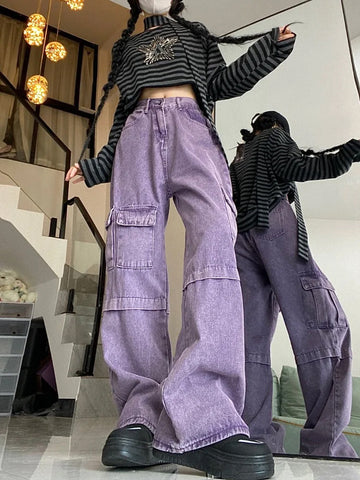 Loose Purple Cargo Pockets Jeans Pants