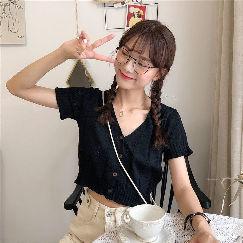 V-Neck Hollow Out Cropped Slim Shirts