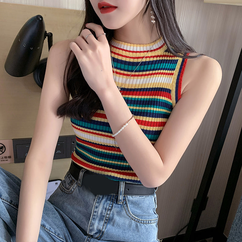 O-Neck Off Shoulder Stripe Knitted Crop Tops