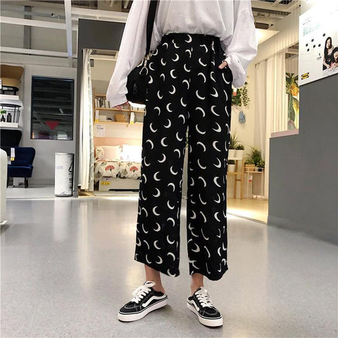 High Waist Moon Printed Wide Leg Pants