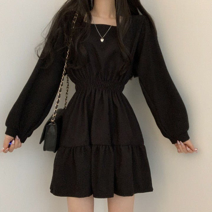 Long Sleeve Square Collar Solid Colors Dress