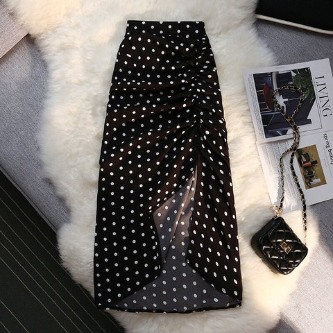 Polka Dot Side Slit Casual Skirts