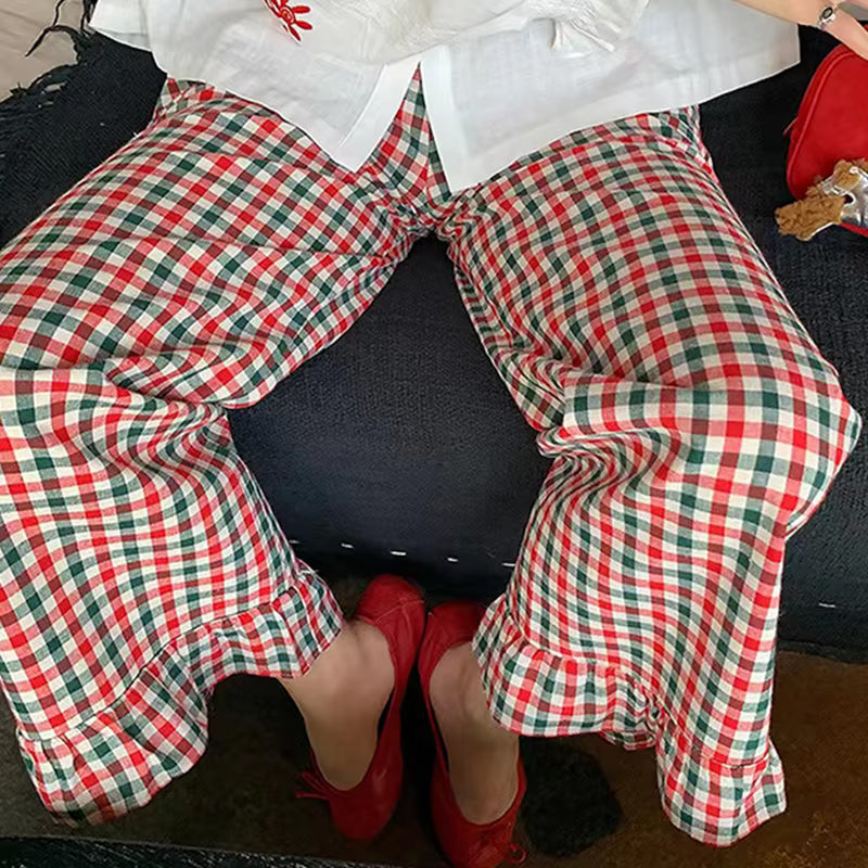 Loose Retro Plaid Ruffled Length Pants