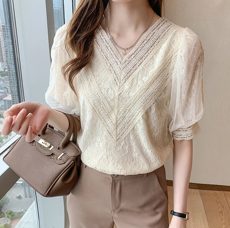 Short Sleeve V-Neck Lace Blouse Shirt