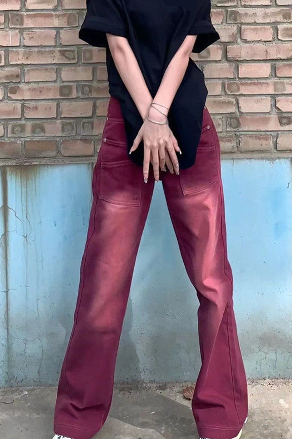 High Waist Retro Red Denim Long Pants