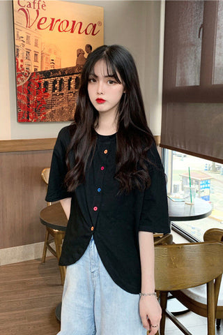 Colorful Buttons Short Sleeve Irregular Shirt