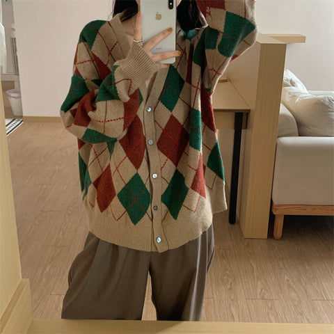 Argyle Pattern Casual Cardigan Sweater