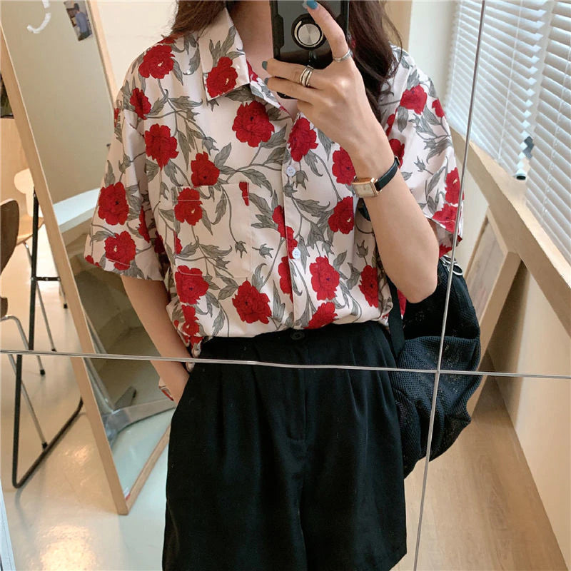 Roses Flower Pattern Short Sleeve Blouse Shirt