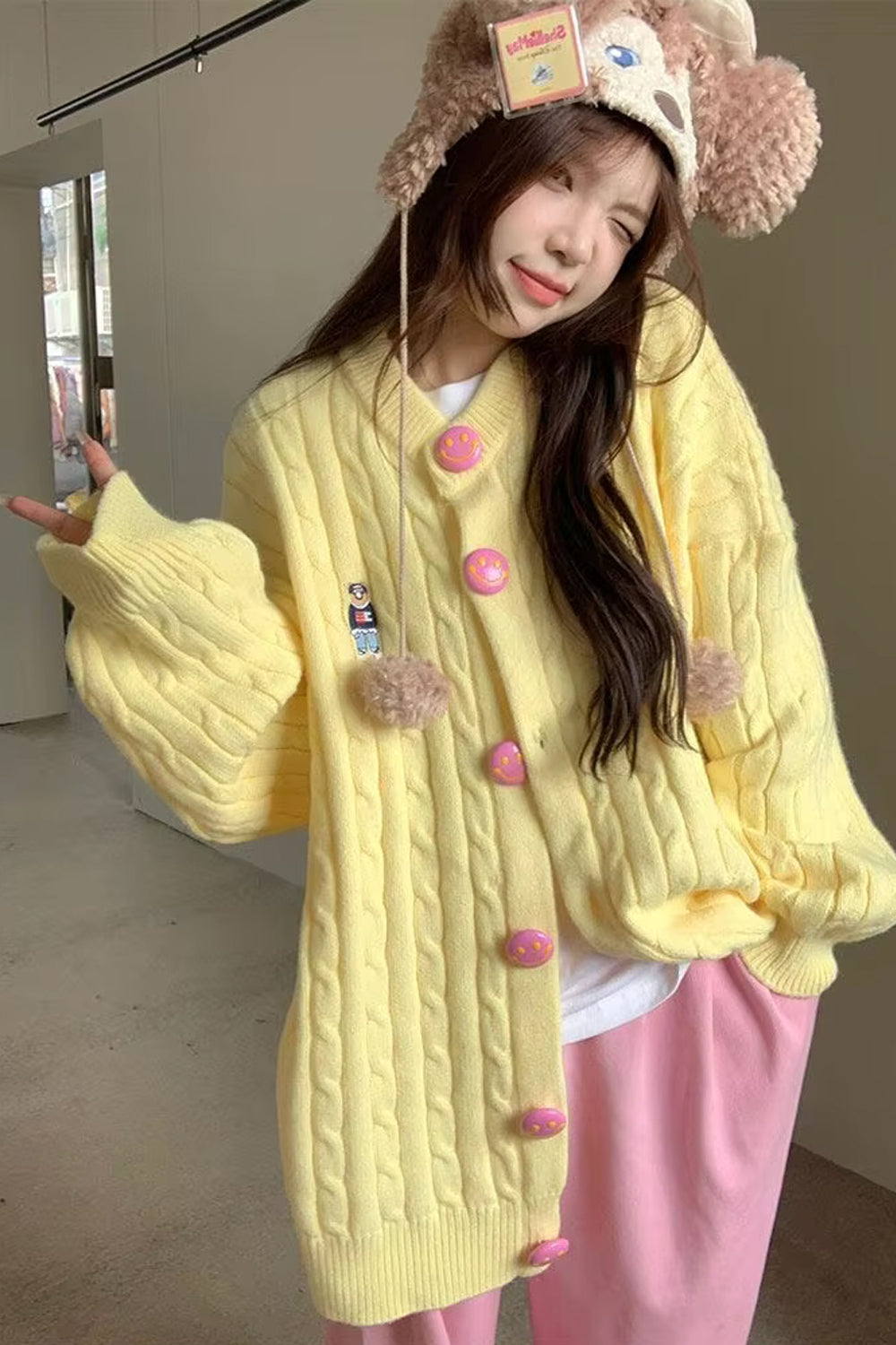 Long Sleeve Cute Yellow Knitted Cardigan Sweater