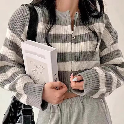 Long Sleeve Casual Zipper Striped Cropped Sweater