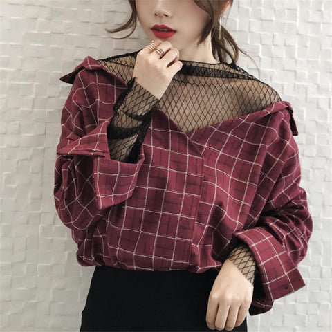Retro Plaid Mesh Patchwork Fake Zweiteiler Hemden 