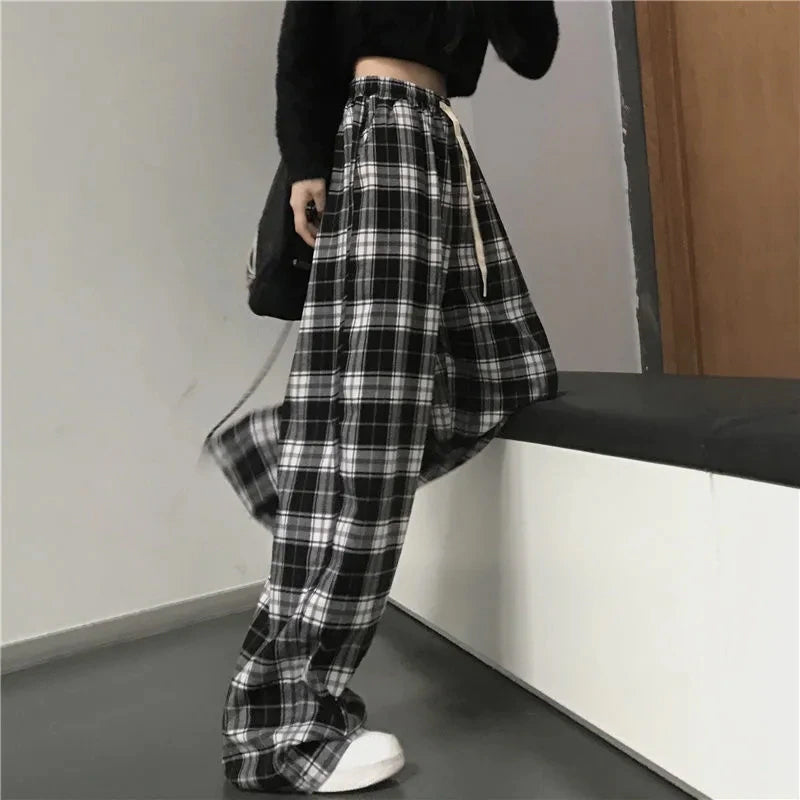 Loose Wide Leg Black And White Plaid Pants
