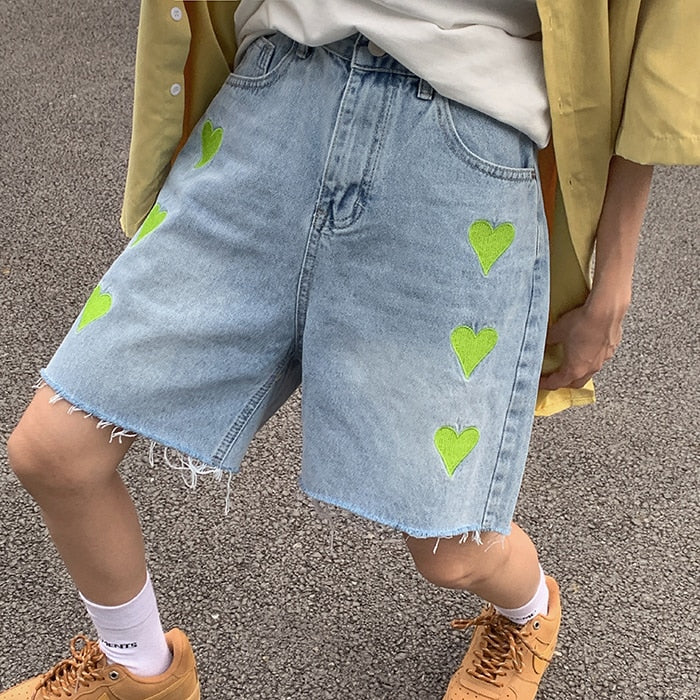 High Waist Cute Heart Shape Vintage Shorts Jeans
