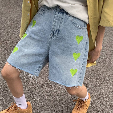 High Waist Cute Heart Shape Vintage Shorts Jeans