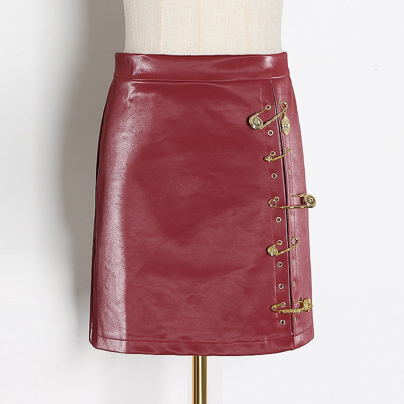 Pins Asymmetrical Leather Mini Skirt