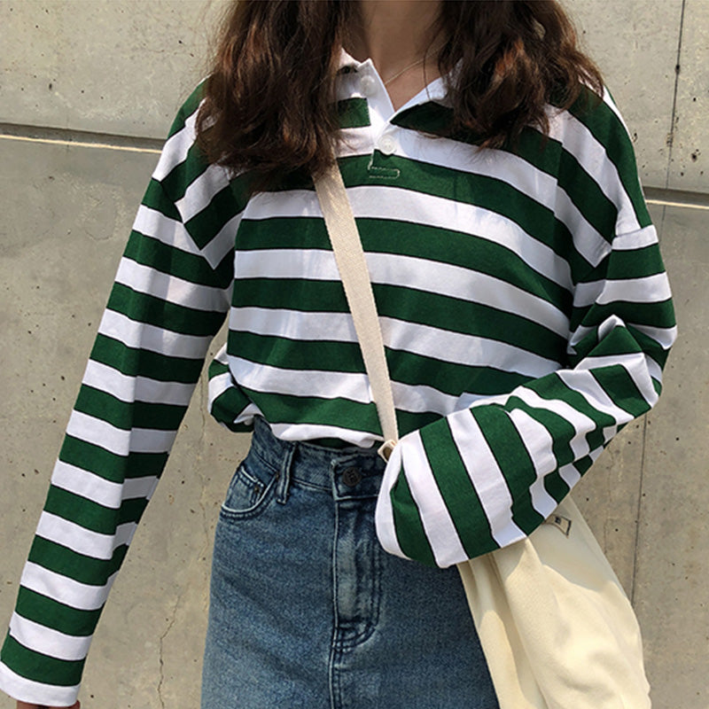 Loose Casual Vintage Striped Turn Down Collar