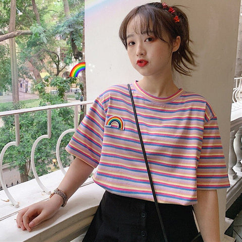 Rainbow Pocket Embroidered Casual Striped Shirt
