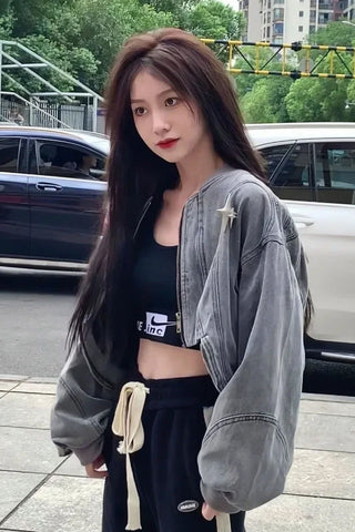 Long Sleeve Cropped Style Grey Denim Jacket