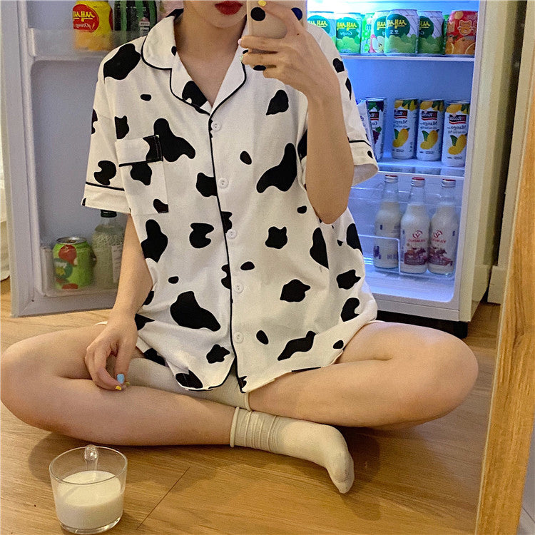 Short Sleeve Cow Pattern Printed 2Pcs Pajamas Set