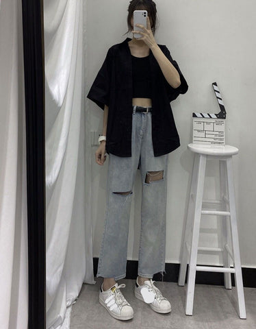 Loose Short Sleeve Solid Blouse Shirt