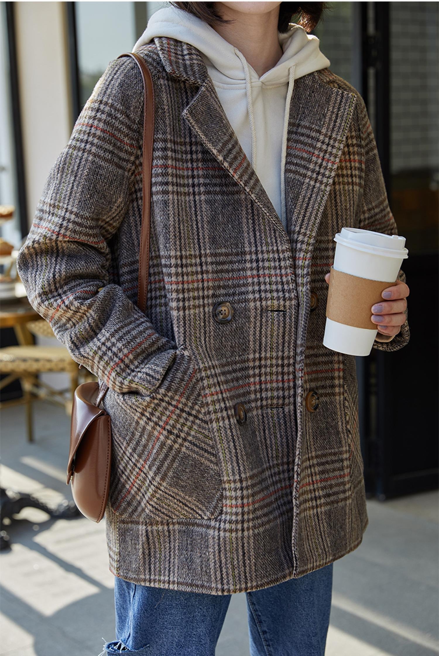 Double Breasted Woolen Plaid Coat Jacket