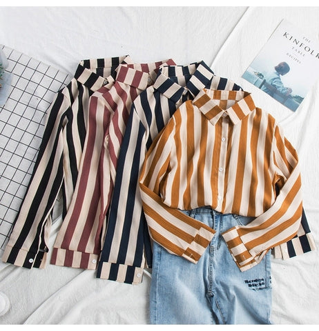 Stripe Chiffon Long Sleeve Blouse Shirt