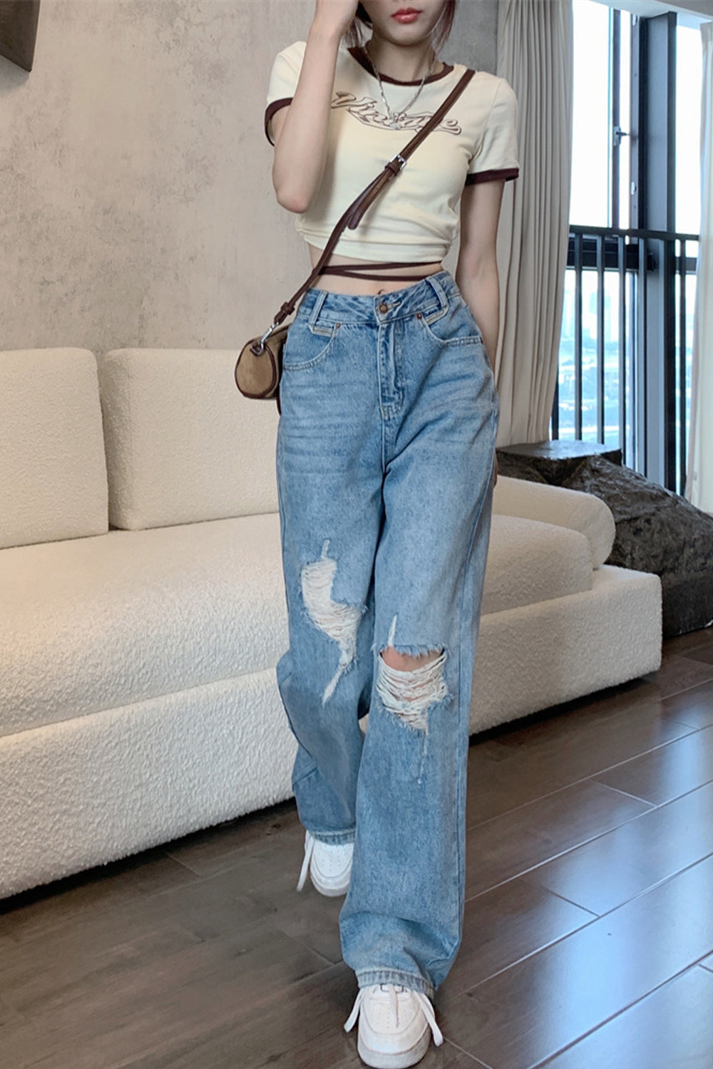 High Waist Ripped Long Jeans Pants
