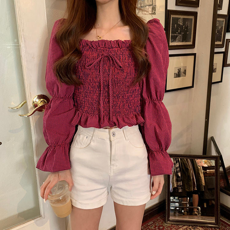 Long Sleeve Plaid Sexy Square Collar Bow Crop Tops